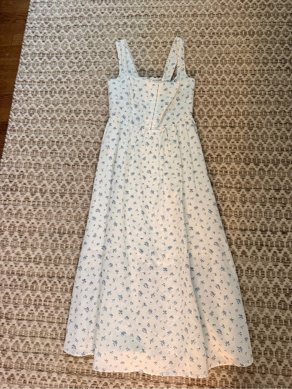 Olivaceous White Midi Dress with Blue Floral Print